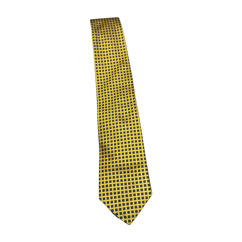 XMI Platinum Mens Necktie 100% Silk Yellow & Navy Checkerboard 30" Length Formal - Picture 2 of 8